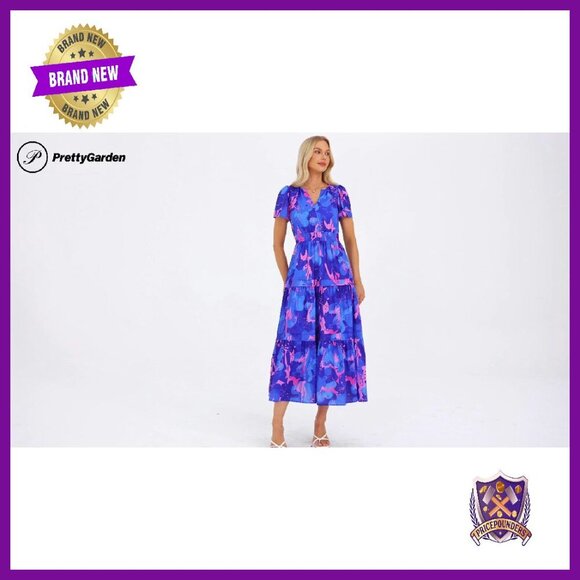 Boho Maxi Dress with Pockets, V-Neck, Tiered Flowy Summer Beach Dress - Picture 7 of 8